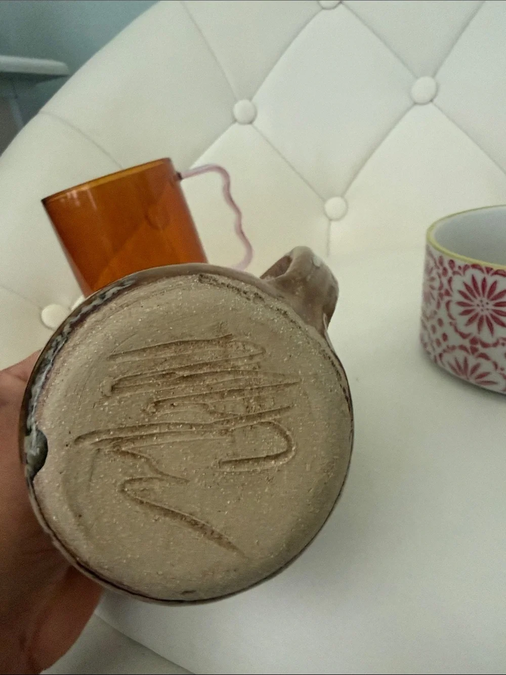 Amber Glass Mug with pink Curved Handle Bundle of 3 Boho Decor cups